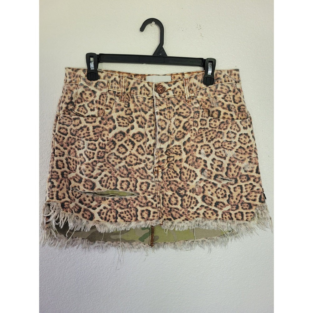 OneTeaspoon Vanguard Leopard Print Distressed Denim Mini Skirt Camo Lining 30 #P